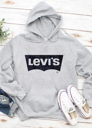 Мужской осенний худи кенгуру толстовка с капюшоном levis левис серый