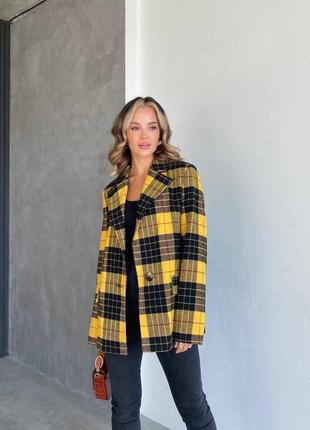 Пиджак в стиле dі0r супер стильный модный трендовий в клеточку жёлтый черный на подкладке свободный двубортный