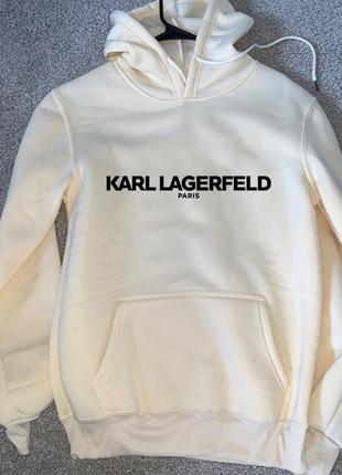 Женский зимний худи кенгуру толстовка с капюшоном на флисе karl lagerfeld карл лагерфельд белый