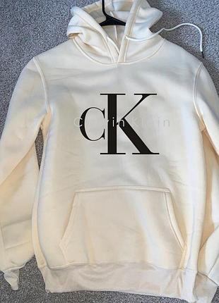 Мужской зимний худи кенгуру толстовка с капюшоном на флисе calvin klein кльвин кляйн белый