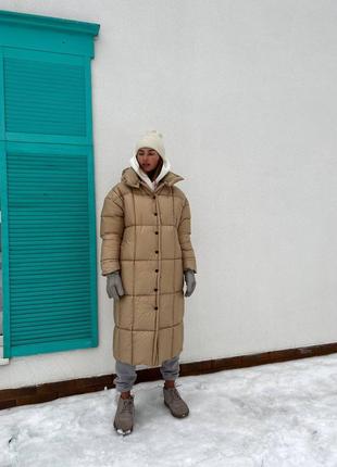 Зима до -25° куртка непромокаемая пуховик пальто с капюшоном дутик одеяло длинная теплая  черная бежевая коричневая песочная кэмел серая5 фото