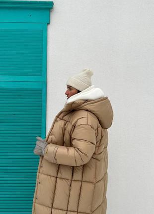 Зима до -25° куртка непромокаемая пуховик пальто с капюшоном дутик одеяло длинная теплая  черная бежевая коричневая песочная кэмел серая6 фото