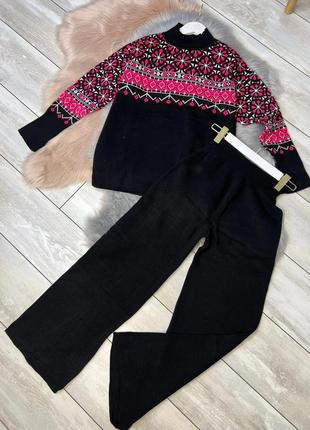 Теплий вязаний костюм для дівчинки підлітка з штанами палаццо
