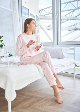 Жіноча тепла піжама велюр махра фліс рожева ніжна пижама3 фото