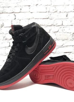 Зимние мужские кроссовки nike air force 1 mid black red (мех) 41-42-43-44-45