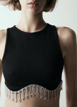 Чорний топ з бахромою з каміння zara