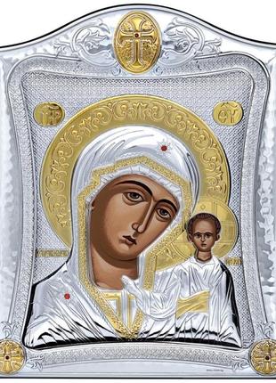 Серебряная икона казанская божья матерь 20х25см в серебренной рамке украшена позолотой