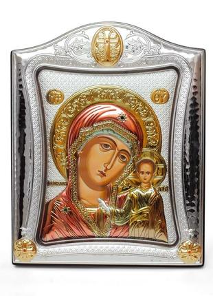 Серебряная икона казанская божья матерь 15,5х19,5см в серебренной рамке украшена позолотой и эмалью