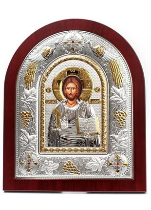 Икона спаситель иисус 29х24см в серебряном окладе с позолотой на деревяном кионе