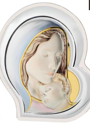 Серебряная икона в форме сердца "богородица с младенцем" с эмалью 13х15см