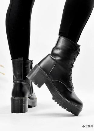 Черные натуральные кожаные зимние ботинки на шнурках шнуровке платформе среднем толстом каблуке зима кожа9 фото