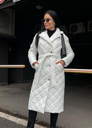 До -15° є відео пальто куртка пуховик стьобана на синтепоні з поясом довге тепле зима осінь чорне біле молоко
