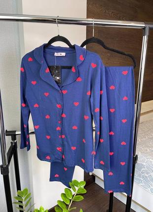 Натуральна бавовняна/хлопкова синя піжама в сердечки сорочка і штани