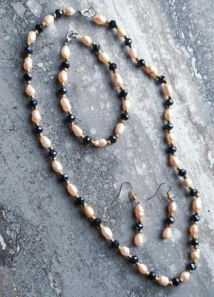 Набір- намисто, браслет, сережки з натуральних перлів2 фото