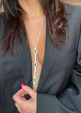 Украшение портупея для тела груди между грудью серебро зеленый стразы блестящая