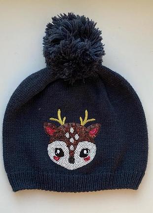 Шапочка зимова синя з паєтками оленятко на дівчинку h&m