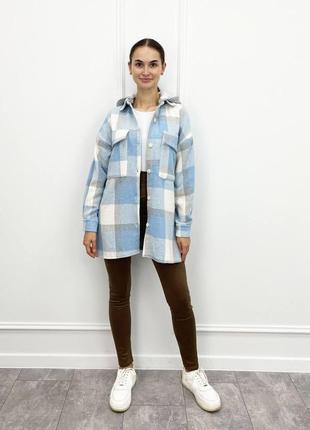 Женская удлиненная теплая рубашка в клетку с капюшоном осень демисезон зима