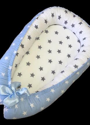 Кокон-позіционер або гніздечко з ортопедичною подушкою-метеликом для новонароджених від ™minkyhome блакитний2 фото