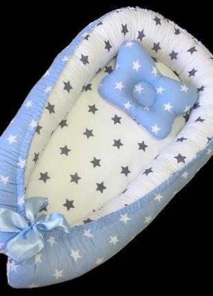 Кокон-позиционер или гнездышко с ортопедической подушкой-бабочкой для новорожденных от ™minkyhome голубой1 фото