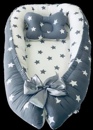 Кокон-позиционер или гнездышко с ортопедической подушкой-бабочкой для новорожденных от ™minkyhome голубой1 фото