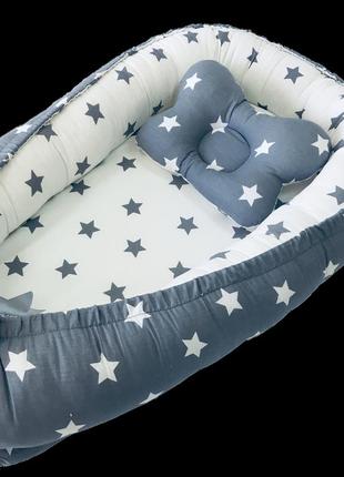Кокон-позиционер или гнездышко с ортопедической подушкой-бабочкой для новорожденных от ™minkyhome голубой3 фото