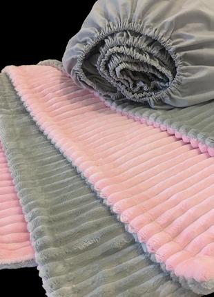Двухсторонний плед 160х200 см, покрывало плюшевое от ™minkyhome | ткань 100% плюш minky | серый/розовый1 фото