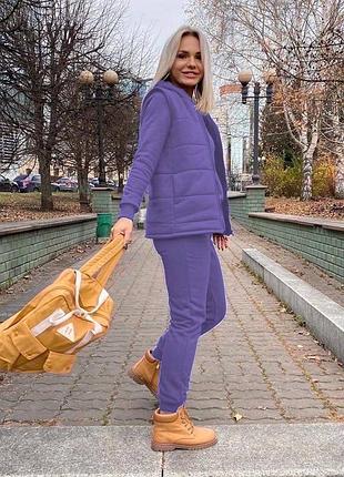 Костюм тройка женский теплый жилетка на подкладке силикон100 штаны прямые на резинке низ на манжете кофта на манжете трехнить на флисе цвет мокко