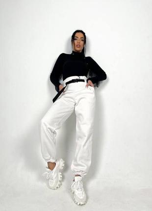 Стильные женские штаны с высокой талией на флисе, с ремнем, в черном и белом цвете, размер: 42-44, 46-488 фото
