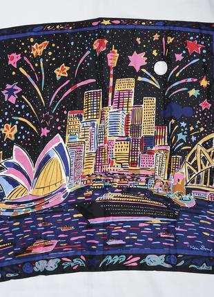 Винтажный подписной платок ken done из 100% шелка( sydney harbour fireworks 1984 год)73 см на 73 см