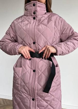 Пальто курточка парка пуховик тренч плащ стеганое розовое чёрное фрез пыльная роза с поясом длинное удлиненное на пуговицах теплое зимнее6 фото
