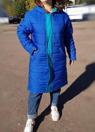 Синяя зимняя стильная женская куртка-пальто на молнии