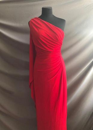 Красное длинное вечернее платье, асимметрия с открытым плечом/ на новый год/ корпоратив4 фото