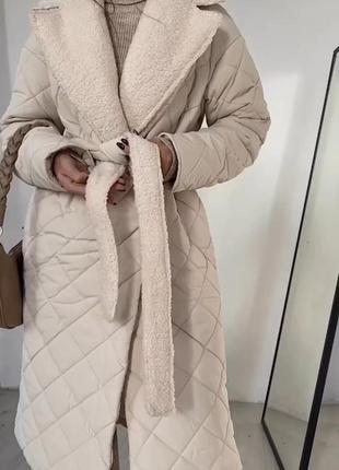 Пальто с мехом стеганое зима без, черный, молоко7 фото