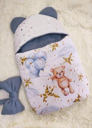 Зимний комбинезон + спальник для новорожденных, глитер, принт медвежонок3 фото