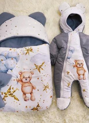 Зимний комбинезон + спальник для новорожденных, глитер, принт медвежонок2 фото
