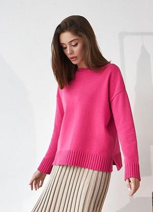 Теплый малиновый женский свитер оверсайз прямого фасона 42-46