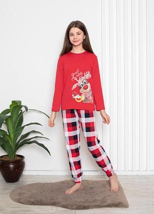 Пижама на девочку-подростка с брюками в клетку - олень с чашкой - family look для семьи1 фото