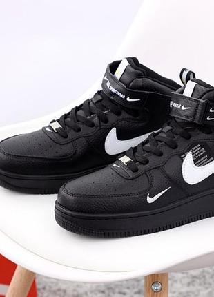 Зимние кроссовки ботинки nike air force 1 low black white winter fur найк женские мужские мех