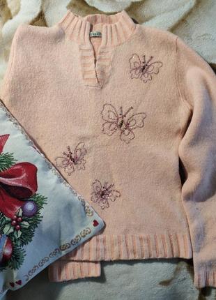 Жіночий теплий щільний вовняний светр, кофта джемпер ангора метелики