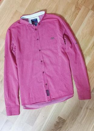 Фирменная котоновая рубашка thomas с длинным и коротким рукавом / бордовая рубашка / сорочка / темно- красная рубашка с длинным рукавом  / l /