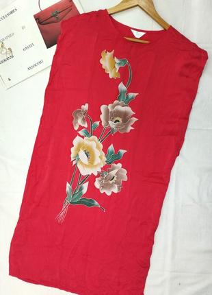 Шелковое платье туника красное цветы