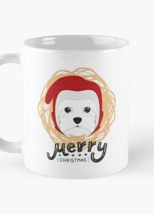 Чашка керамічна кружка з принтом пес санта біла 330 мл