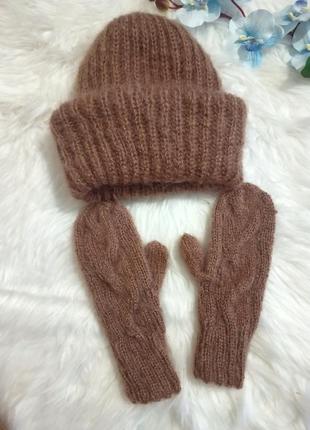 Пухнастий комплект обьемна шапка такорі мохер рукавички коса