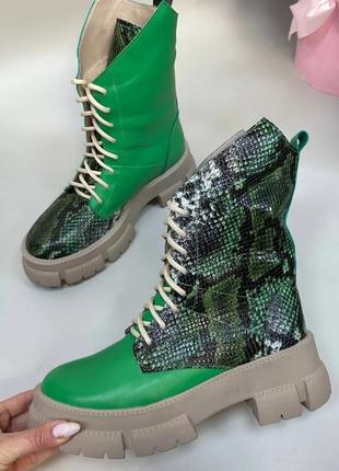 Эксклюзивные ботинки из натуральной итальянской кожи и замша женские зелёные2 фото