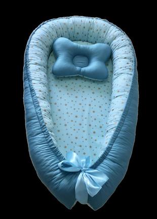 Кокон-позиционер или гнездышко с ортопедической подушкой-бабочкой для новорожденных от ™minkyhome голубой2 фото