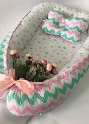 Кокон гнездышко для новорожденных сладкий сон с ортопедической подушкой розовый/мятный