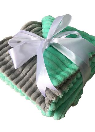 Двухсторонний плед 160х180 см, покрывало плюшевое от ™minkyhome | ткань 100% плюш minky | серый/мятный