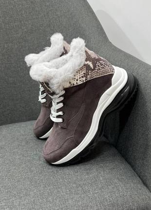 Кросівки комбановані зимові з хутром норки натуральна замша шкіра осінь зима