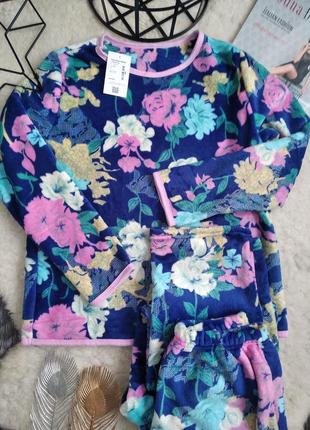 Пижама домашний костюм королевская махра синий цветы