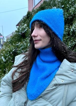 Комплект шапка с манишкой пух норки синий